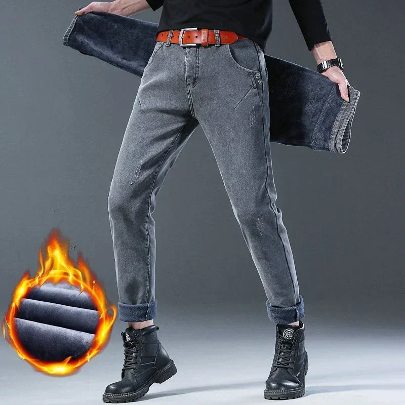 Men Classic Slim Fit Streetwear Jeans Winter Thermal Fashion Narrow Leg Denim Trousers Snow Warm Plush Gray Casual Pants Male 3