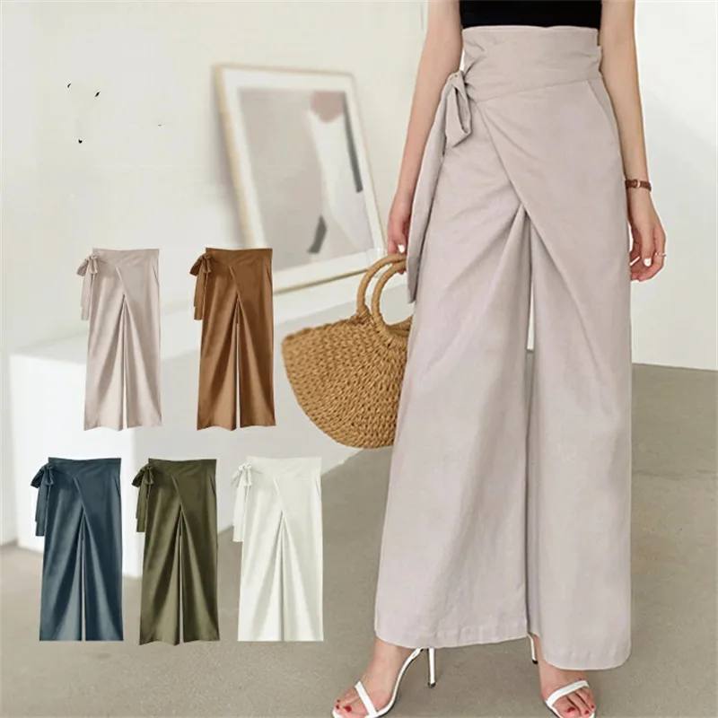

Casual Ladies Wide Leg Pants 2023 Summer Fashion Elegant Irregular Side Lace Up Pants Simple Solid Color High Waist Trousers