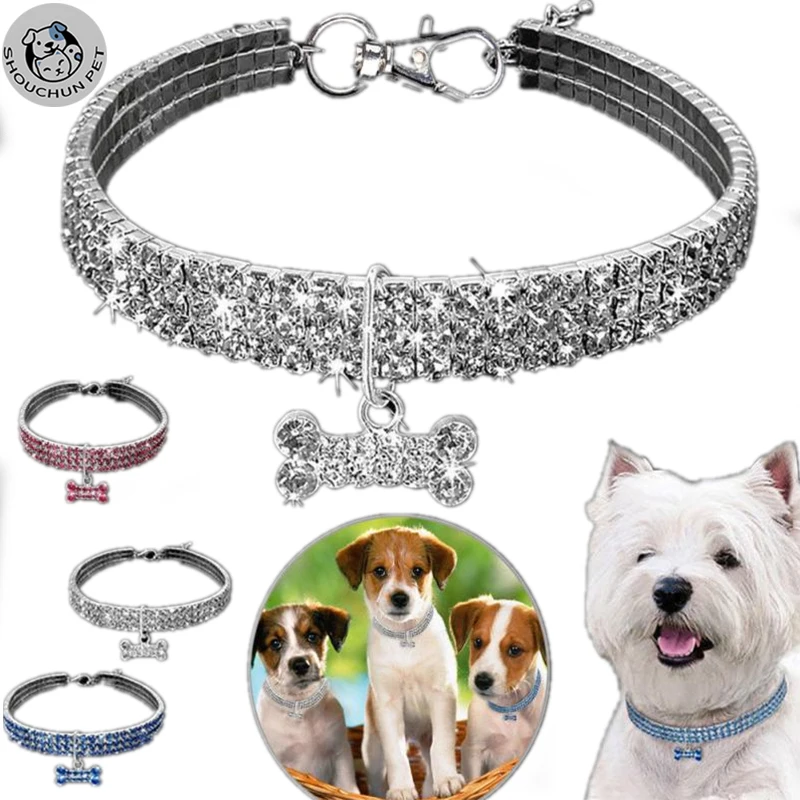 3 Rows Mixed Color Stretch Rhinestone Pet Collar Cat and Dog Jewelry