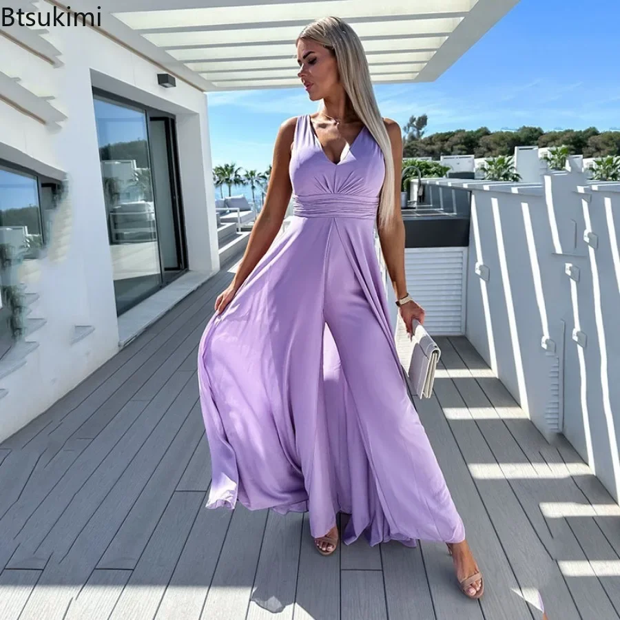 2024 Women's Elegant Long Jumpsuits Spring Summer V-neck Sleeveless Drifting Straight Rompers Female Wide Leg Playsuit Overalls