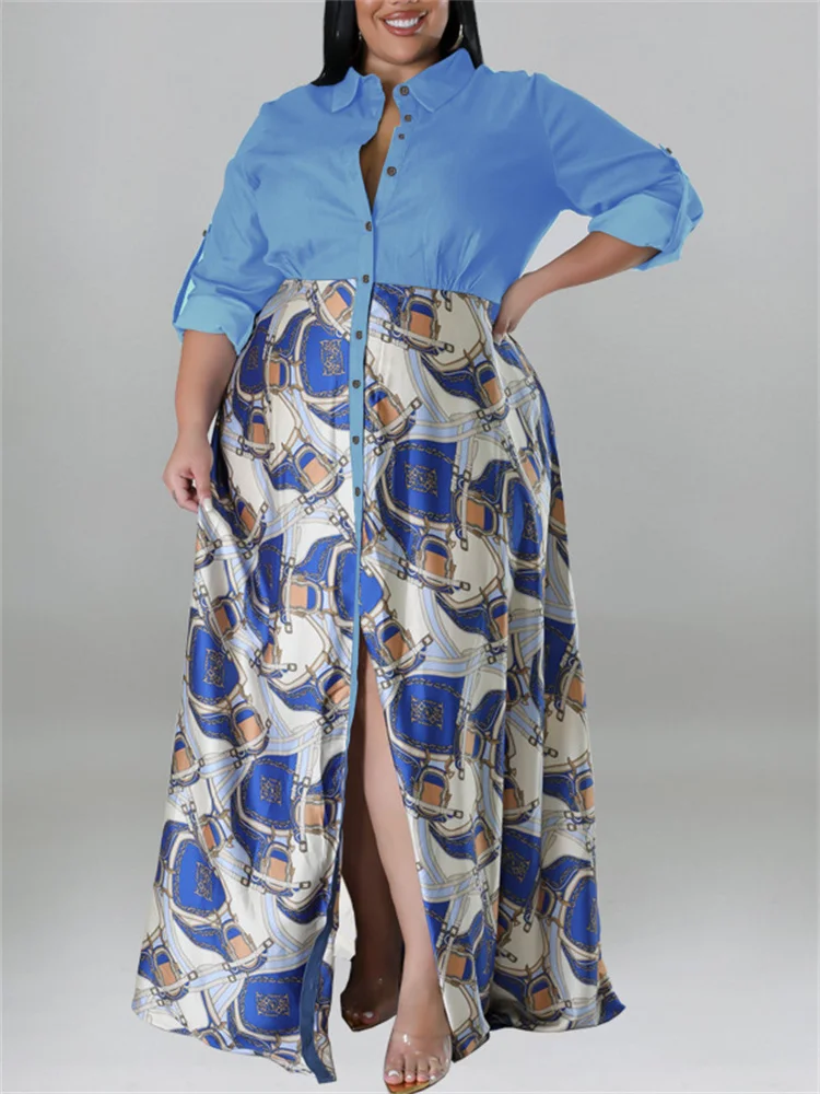 Wmstar Plus Size Women Dress Button Patchwork High Waist  Elegant Long Sleeve New in Fall Maxi Dresses Wholesale Dropshipping