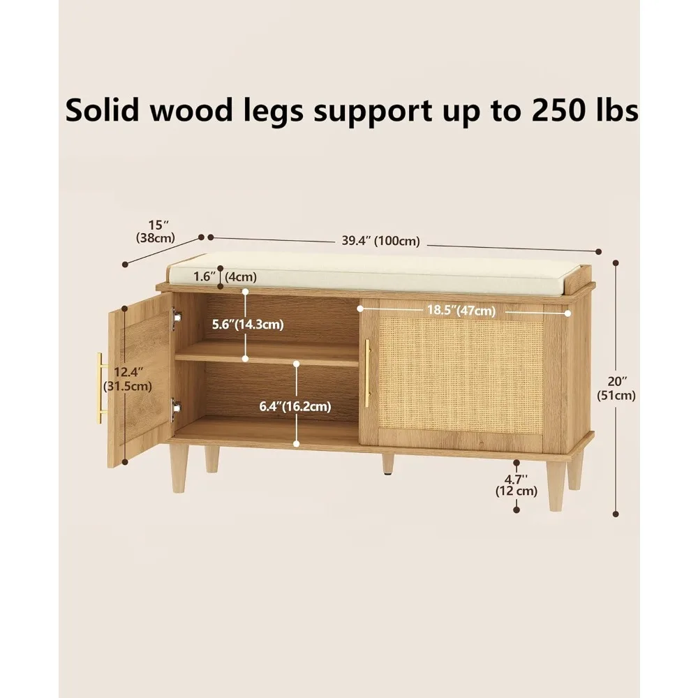 Rattan Shoe Storage Bench with Cushion, Adjustable Shelves, 2 Doors for Entryway, Living Room