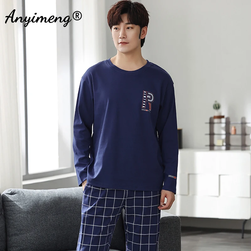 Tanie Koreański styl minimalistyczny mężczyzna piżamy zestaw z długim rękawem Loungewear bawełna bielizna sklep