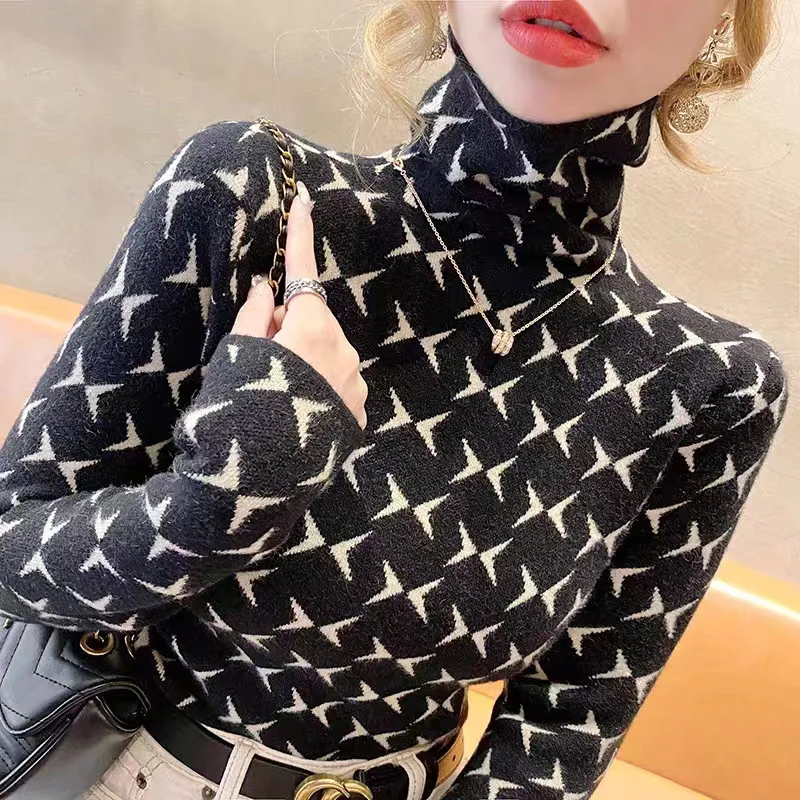 

2024 Early Spring Chic Sweater Elasticity Slim Vintage Fashion Inside Comfortable Knitwear Women Turtleneck Elegant Pullover Top