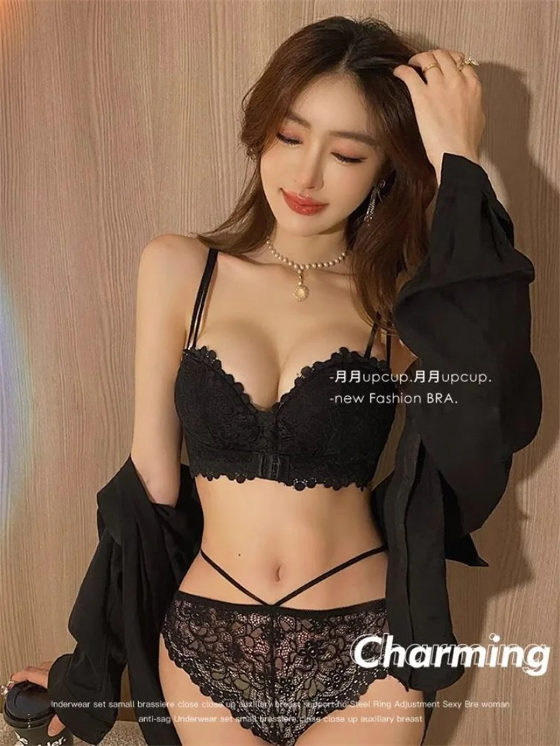 Embroidery Push Up Bra and Panty Sets for Women Black Lace Beauty Back Sexy Lingerie Set No Wire Bralette Lenceria Para Damas