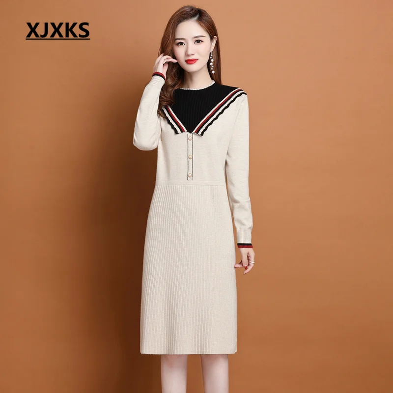 

XJXKS 2022 Autumn And Winter New Half High Collar Women's Dress Fashion Splicing Soft Wool Knitted Long Sweater Vestidos