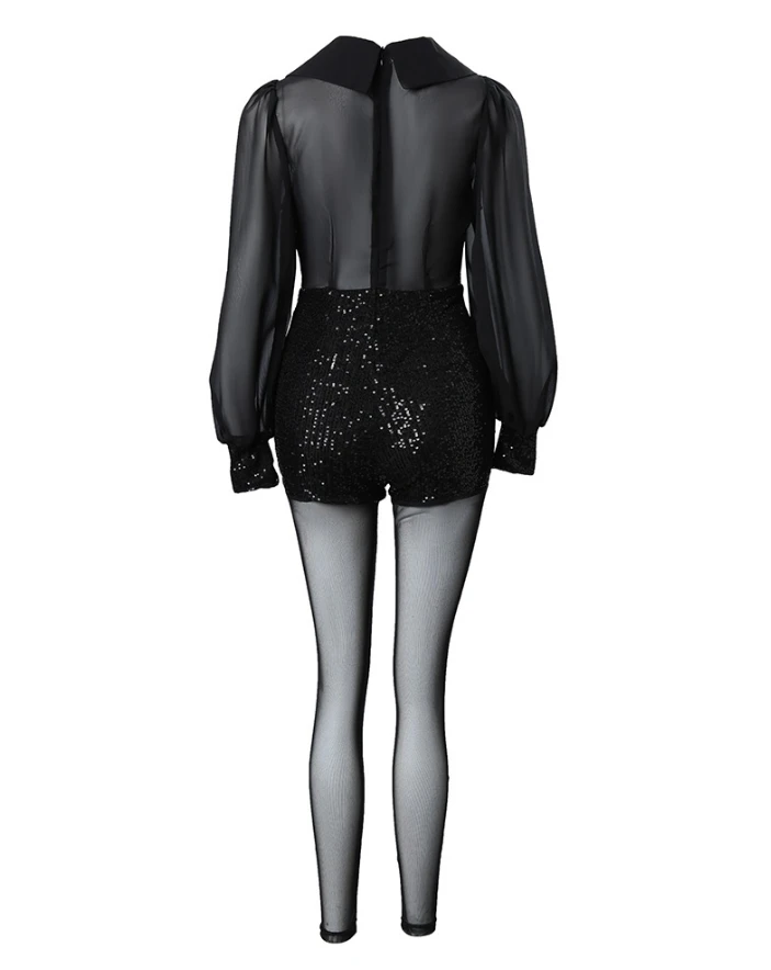 Woman Long Jumpsuits 2024 New Sexy Sequin Long Sleeve Sheer Mesh Elegant Contrast Jumpsuit Fashion Turn-down Collar One Pieces