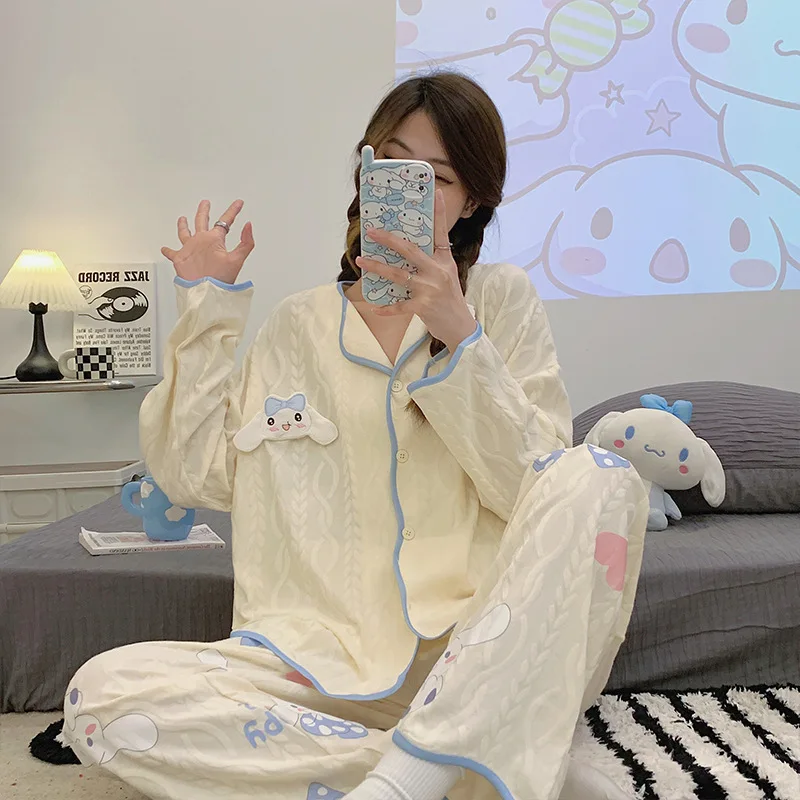 

Kawaii Sanrio Cinnamoroll Ladies Pajamas Set 100% Gauze Cotton Cartoon Pyjamas 2Pcs Turn-Down Neck Shirt+Pants Comfort Sleepwear