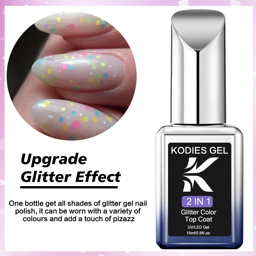 KODIES GEL New Glitter Top Coat Confetti Topper UV Gel Nail Polish Semi Permanent UV/LED Nail Gel Finish Mix Sequins Manicure 5