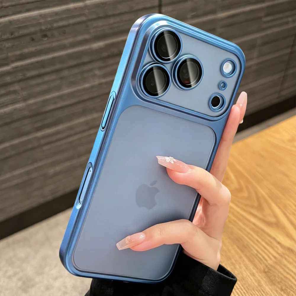 Luxury Sky Blue Plating Transparent Case with Air Lens Protection and Matte Backplate Cover