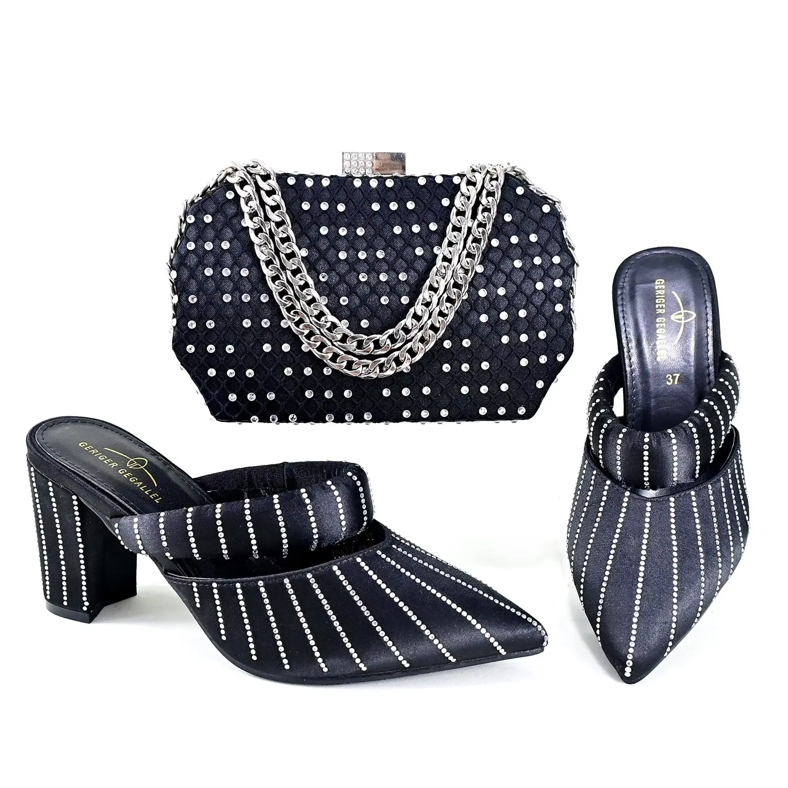 

Italian Design Black Color Elegant And Gorgeous Mature Women's Low Heels, Everyday Versatile Party Sandals And Square Bag Set
