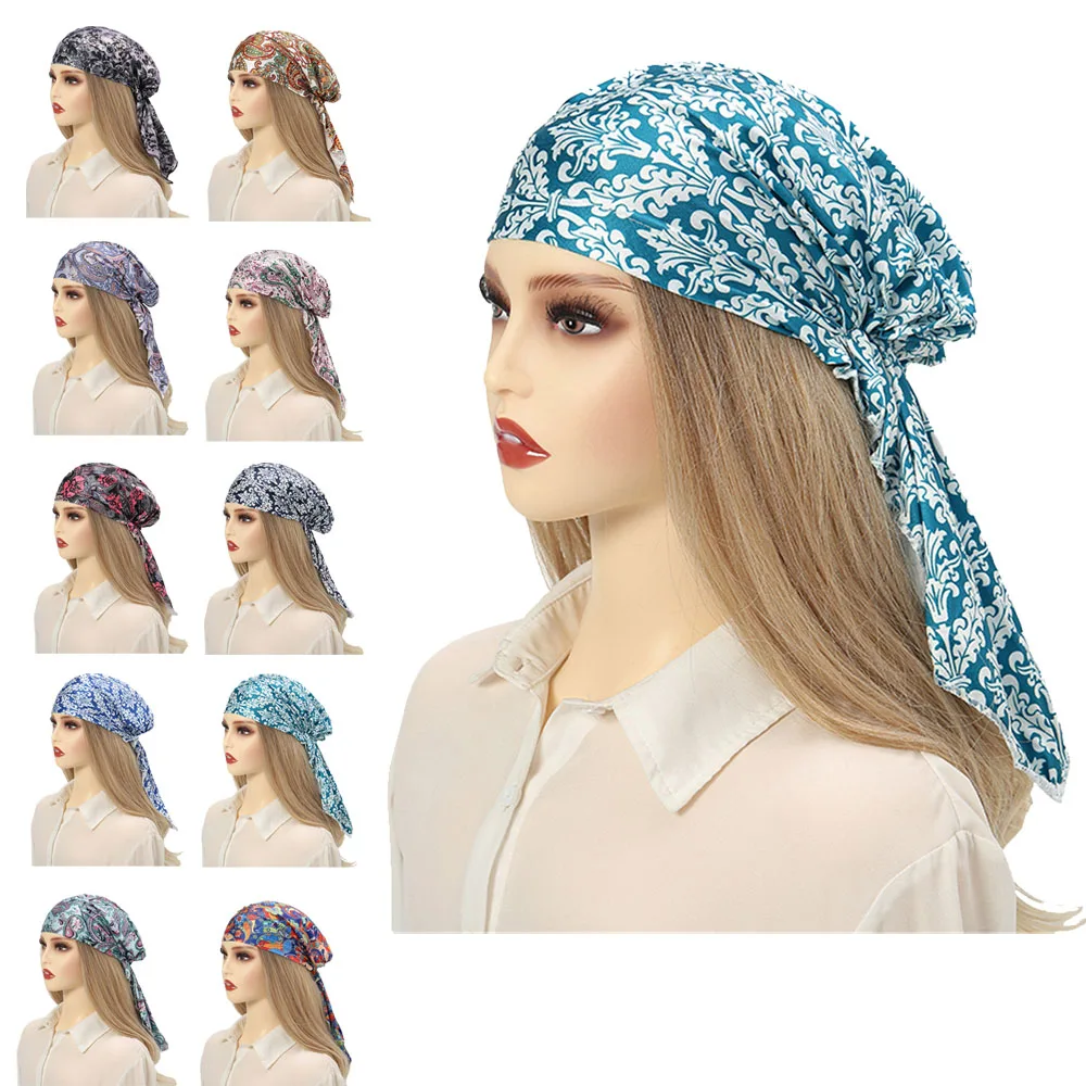 

Pre-Tied Hijab Women Muslim Bonnet Print Chemo Caps Turban Underscarf Hair Loss Hat Beanies Femme Headwear Headscarf Cover Mujer