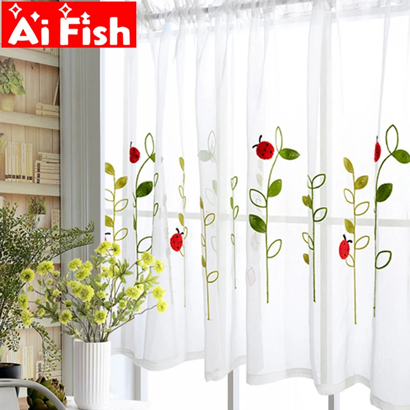 Bay Window Kids Study Flax Half Curtain Fabrics Embroidered Red Ladybug  Curtains For Door Window Partition Kitchen Drape WP121#5