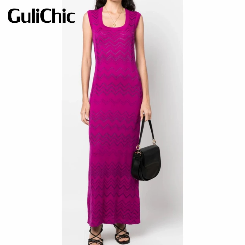

9.15 GuliChic Women Vintage Fashion Zigzag Chevron Pattern Square Collar Sleeveless Knitted Slim Package Hip Long Dress