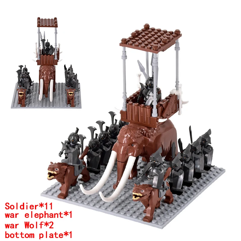 MOC 중세 lotr 피규어 오크 군인 레이더 Vargr 늑대 코끼리 마운트 기사 빌딩 블록 아이들을위한 벽돌 장난감 선물