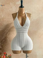 2026Women's Crochet Halter Romper White Hollow Out Backless Slim Fit Knitted Bodysuit for Beach Vacation Summer Festival - Image 3