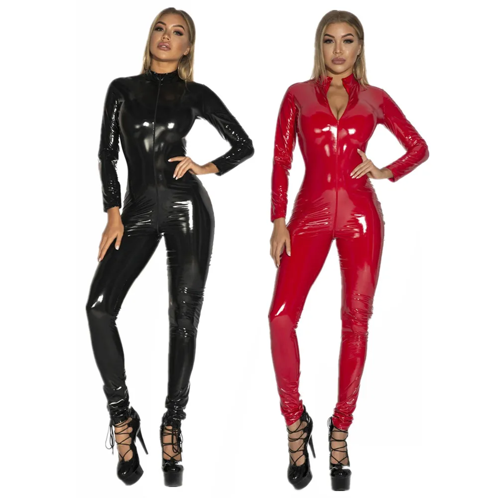 

Wetlook Leather Jumpsuit Skinny Latex Bodysuit Women Sexy Double Zipper Open Crotch Catsuit Stretch Bodystocking Erotic Costumes