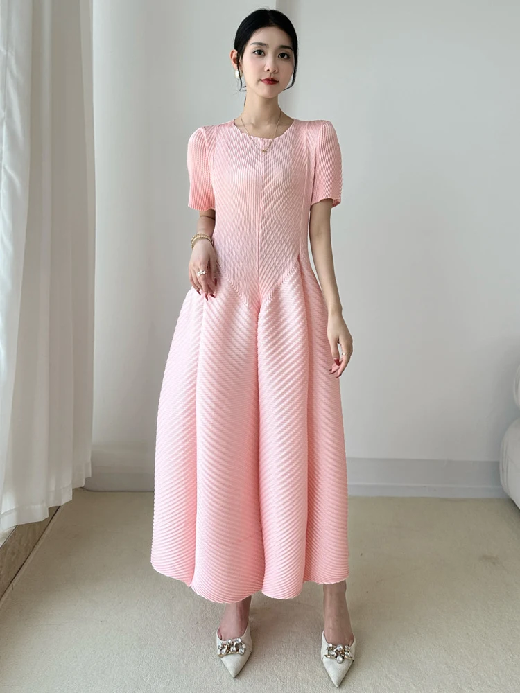 LANMREM High End Purple Pleated Women's Dress 2025 New Round Neck Short Sleeved Spliced Design Ball Gown Summer Dresses 2DB3489 - Image 5