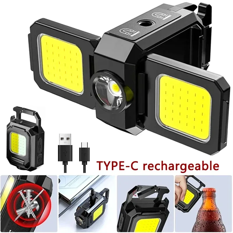 Mini Multifunctional LED Flashlight Keychain Light Double COB Lights USB Rechargeable with 90&deg; Foldable Emergency Portable Light portable flashlight keychain work light portable torch
