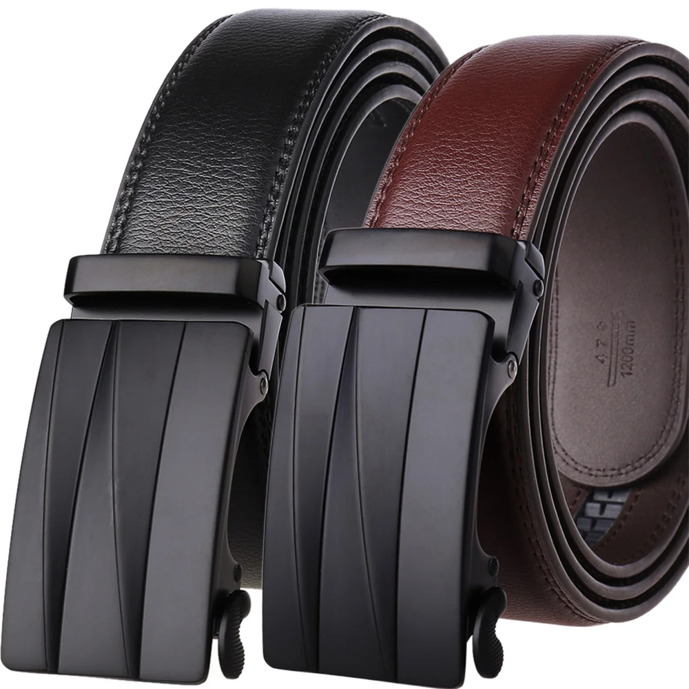 Automatic Buckle Belt Men Ratchet Genuine Leather Black Waist Strap Fashion Gift 