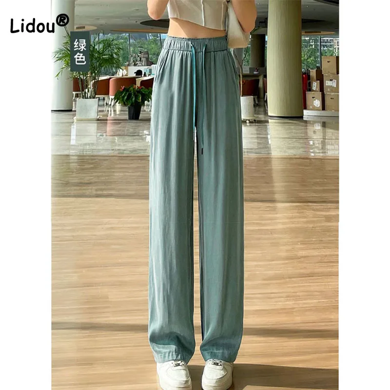 Korean Casual Elastic High Waist Wide Leg Pants for Female Fashion Simplicity Loose Solid Color Trousers Summer Women's Clothing