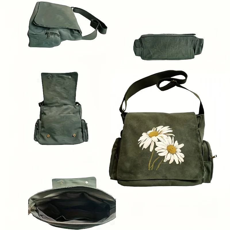 New Large Capacity Women's Vintage Shoulder Bag White Daisy Floral Printed Crossbody Bag For Women Laptop Canvas Bag