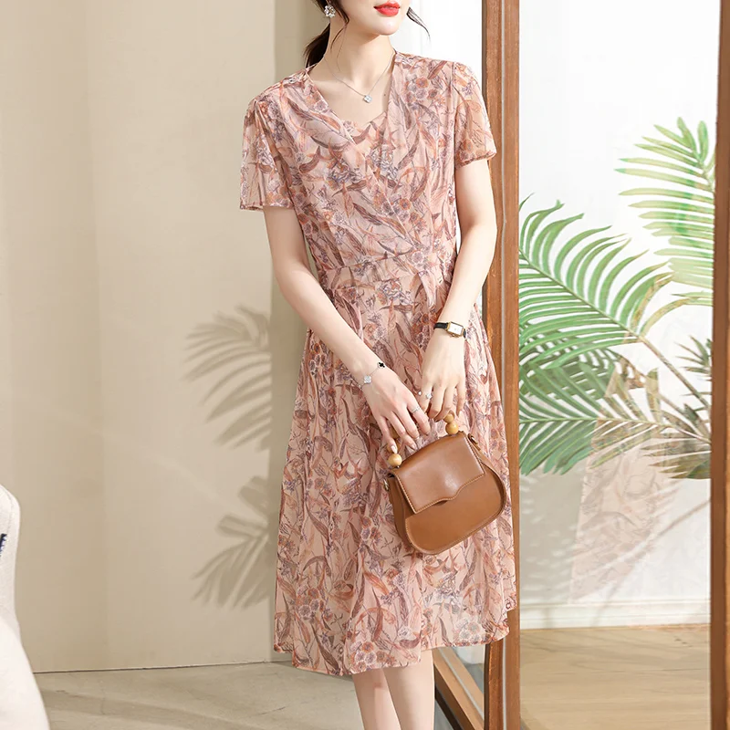 Elegant V-Neck Printed Spliced Folds Floral Dress Women's Clothing 2024 Summer New Loose Office Lady Short Sleeve Dresses