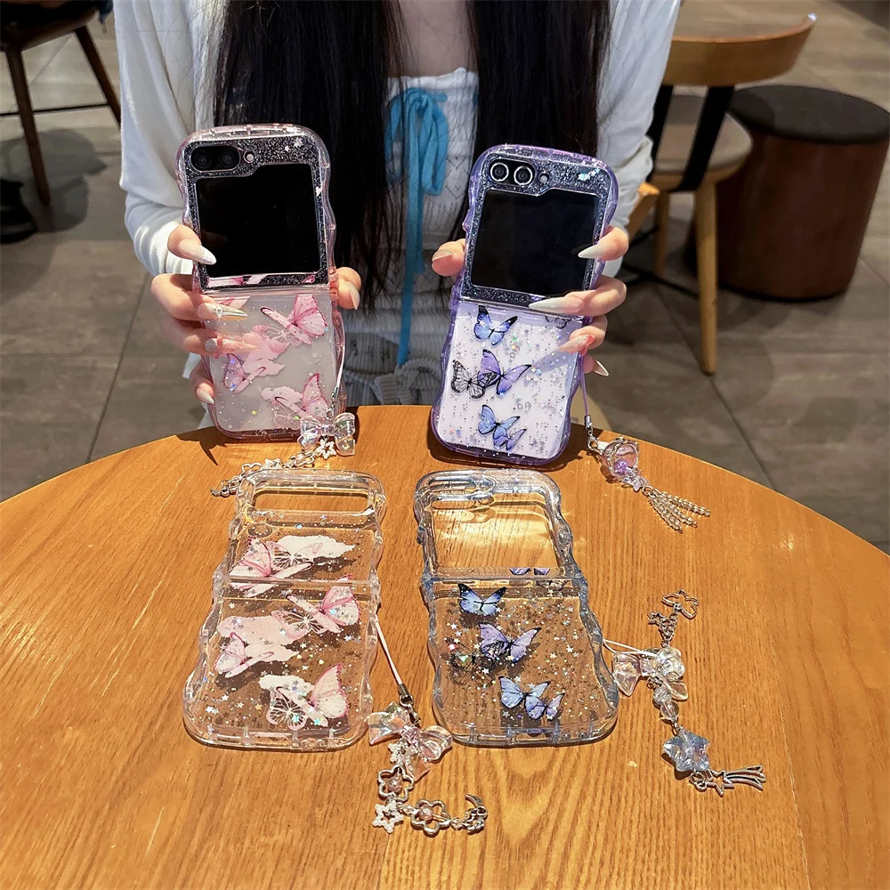 Glitter Bling Epoxy Pendant Shockproof Case with Cartoon Butterfly and Curly Border Design