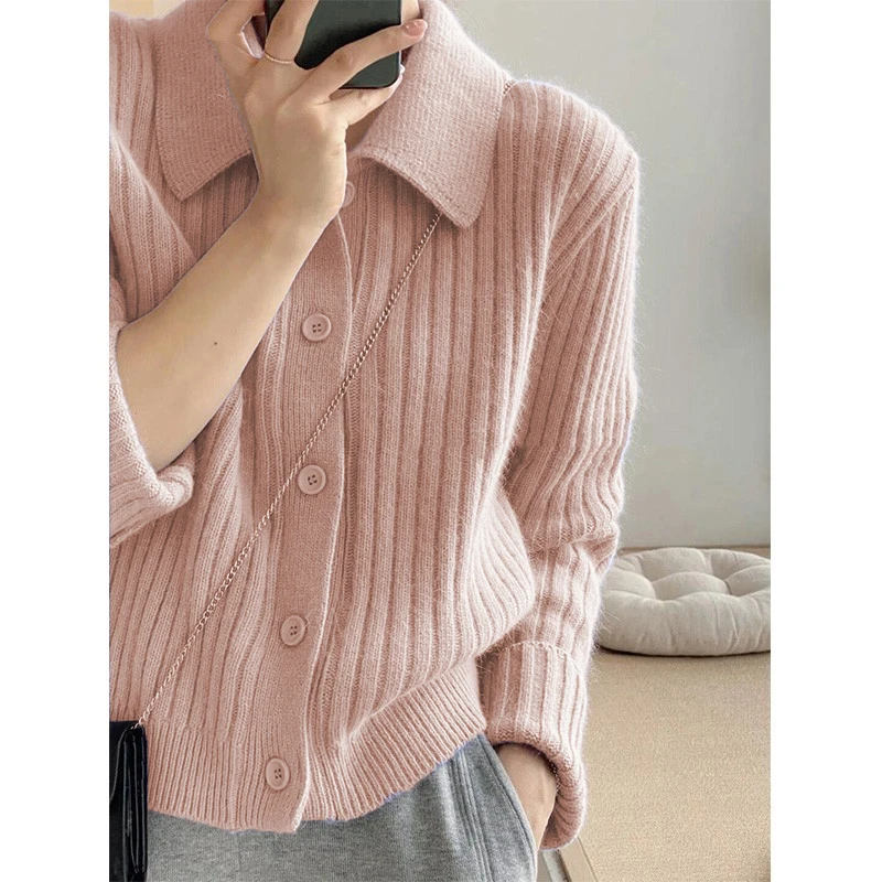 

Autumn Korean Style Knitwears Winter Fashion Solid Cardigan Knitted Women's Sweater Polo Collar Long Sleeve Knitted Coat 29161