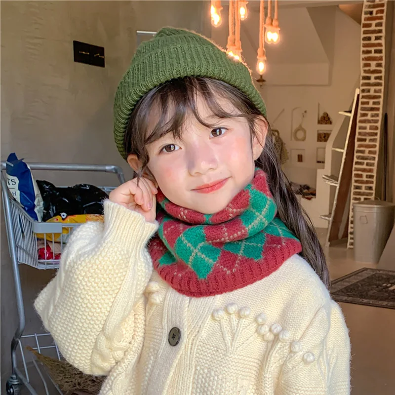 Fashion Diamond Grid Knitted Children's Scarf Winter Warm Windproof Cute Boys and Girls Neck Cover Scarves Clothing Accessories