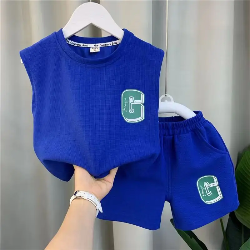 Kids Boys Summer Vest Set New Fashionable Baby Net Red Clothes Boys and Children's Fashion Two Piece Set Kids Outfits