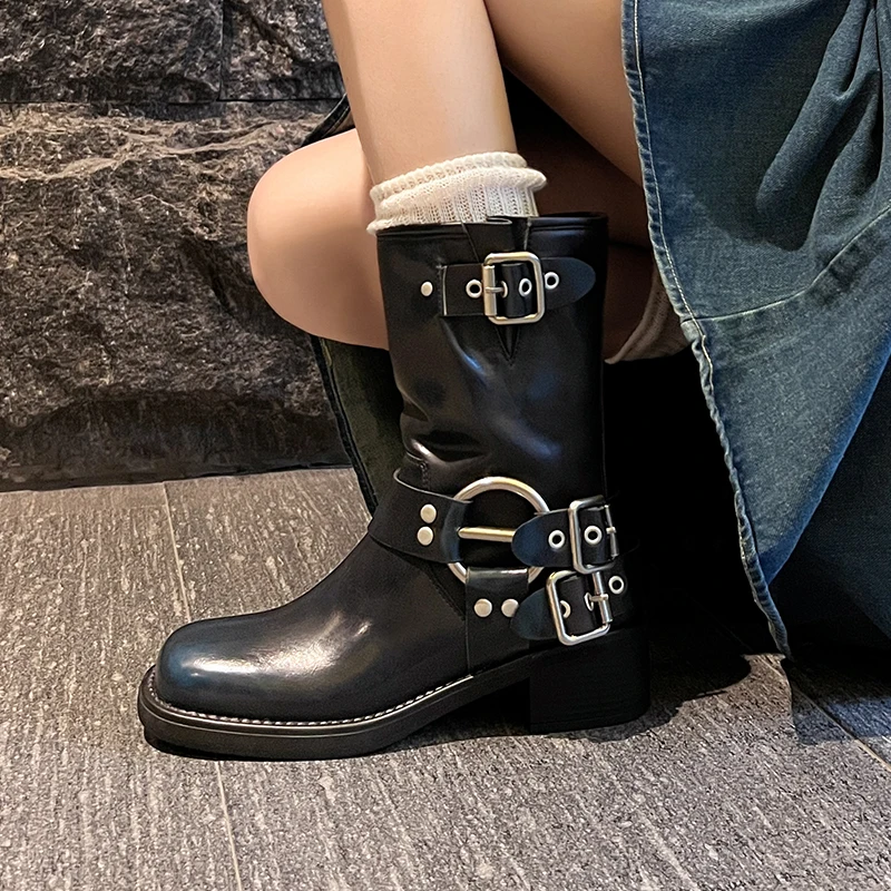 

Heihaian Mid-Calf Boots Fashion Commuter Round Toe Boots 2023 Fall New Belt Buckle Decorative Ankle Boots For Women 34-42