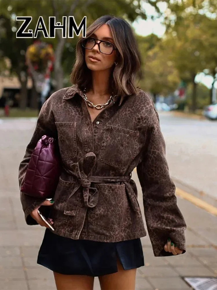 Leopard Print Jackets Women Casual Lapel Big Pockets Belt Coats Female 2025 Spring High Street Lady Outwears 4