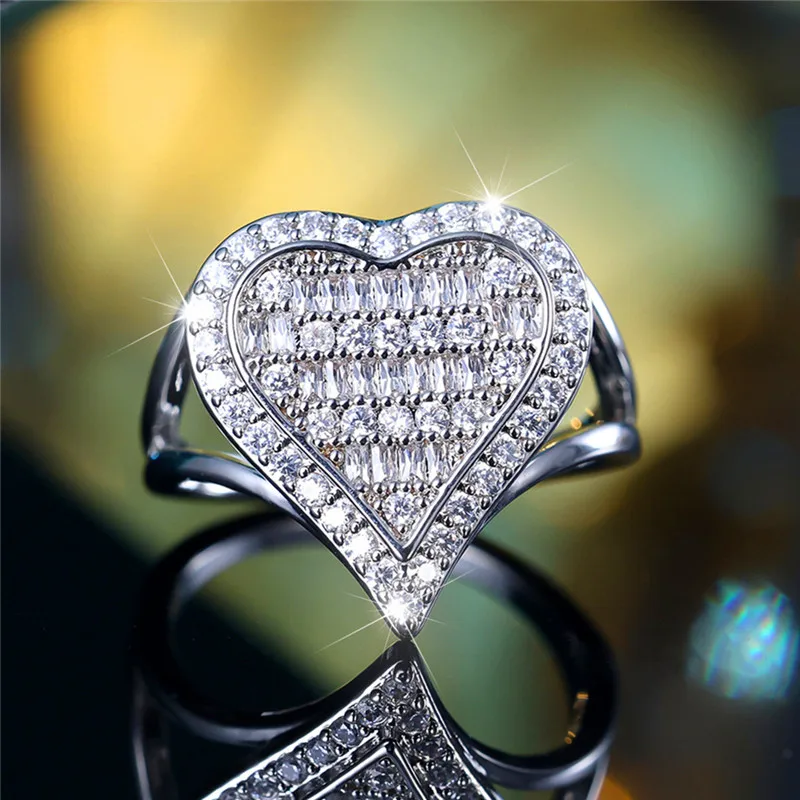 Luxury Female Small White Zircon Stone Heart Engagement Ring Trendy Silver Color Bride Wedding Jewelry Gift For Women