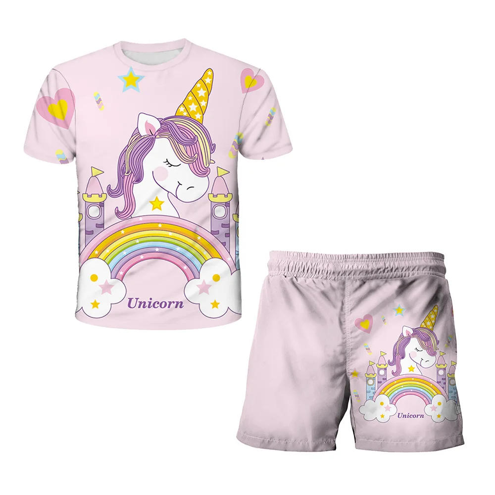 

2023 Baby Girl Kids Casual Suits Child Baby Unicorn Party T-shirt+shorts Suit Tops Short T-shirtChildren 3 to 14 Years Old Suit