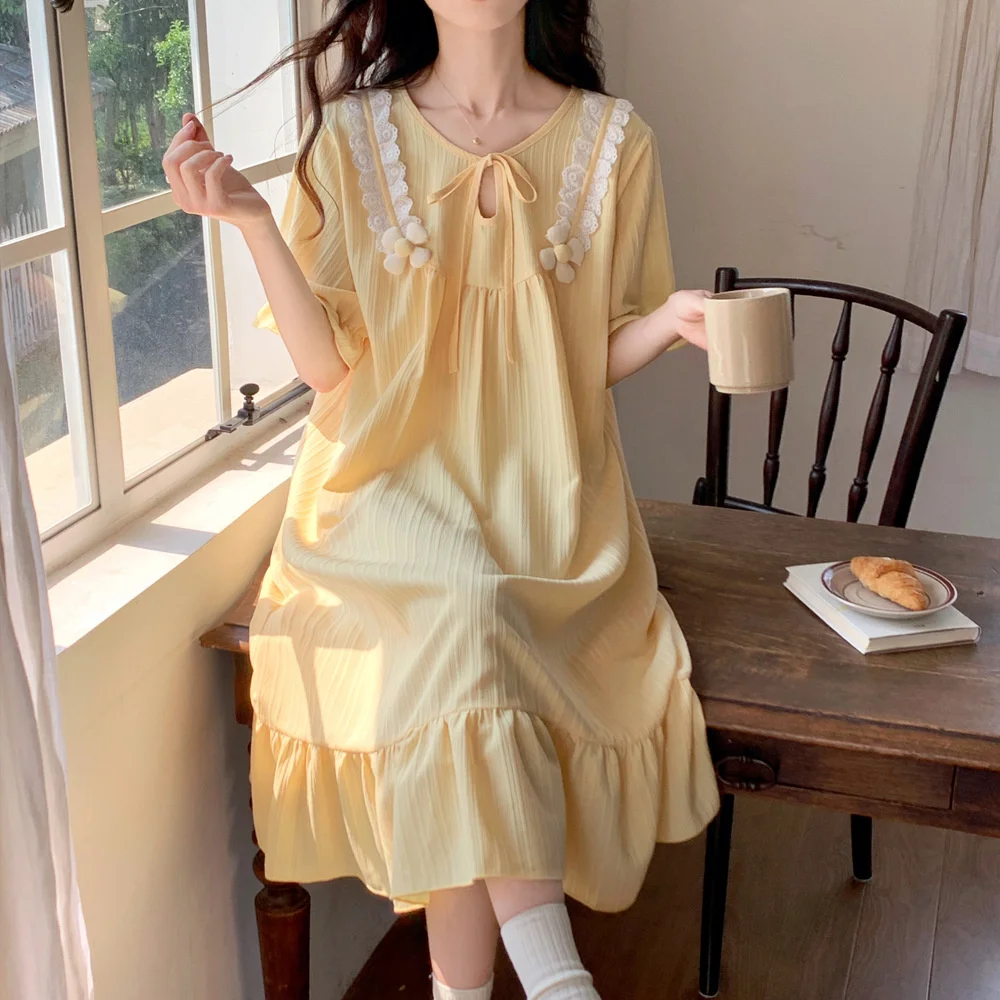 Summer Womens Nightgown Lace Short Sleeve Sweet Princess Nightdress Pajamas Sleepshirt Fairy French Home Dress Nighty Nightwear