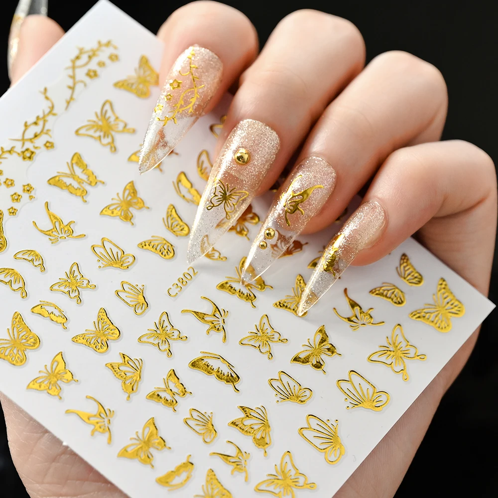 

1pcs Gold Bronzing Butterfly Nail Art Stickers Holographic gold Silver Black Butterfly Flame Nail Decals Back Glue Sliders