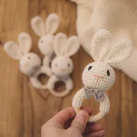 1Pc Baby Rattle Toys Wooden Teether Crochet Pattern Rattle Rabbit Lion Fox BearToy Newborn Gift Baby Teether Crochet Custom Name 2