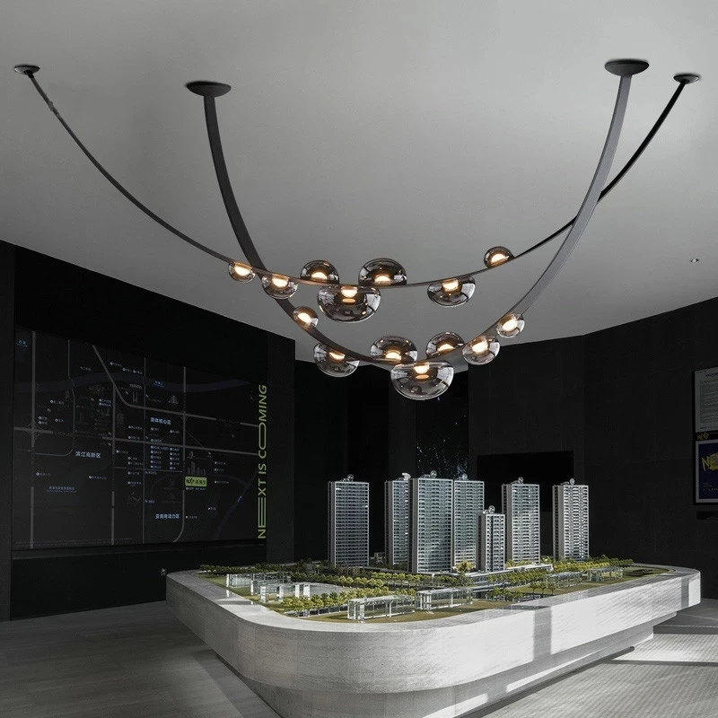 

Modern LED 3M Black Leather Pendant Light Clear/Grey Glass Chandelier Indoor Creative Living Dining Room Hanging Lamp