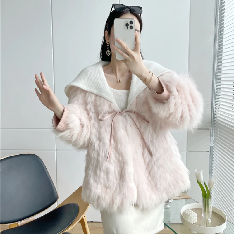 Real Fox Fur Coat Women's Clothing Long Young Fur Coat Large Lapel 2023 Autumn Winter Knitted Thick Warm Fur Lace Fluffy Jacket