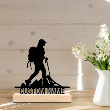 1pc Romantic Personalized Custom Hiking  Metal Statues Camping Desk Sculpture with Wooden Base, Ideal for Outdoor Enthusiasts, H 1