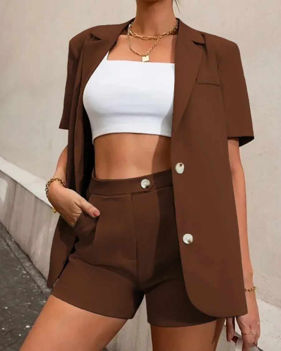 Summer Women's Set Solid Color Shorts Short Sleeve Vest Suit Casual Home Outdoor Commuting Temperament Women's Two Piece Sets