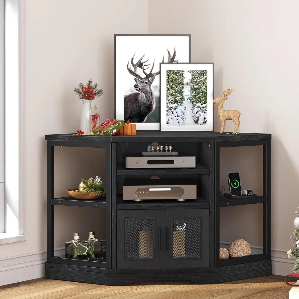 New2025-Corner TV Stand for TVs up to 55/50 Inch with Power Outlet, Modern Farmhouse Entertainment Center, Wood TV Media Console