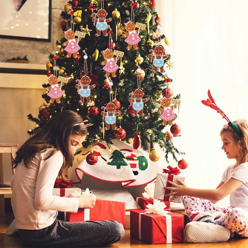 12PCS Christmas Wooden Pendants Gingerbread Man Gnomes Xmas Tree Hanging Oranment 2024 Noel  Decorations for Home New Year Gift