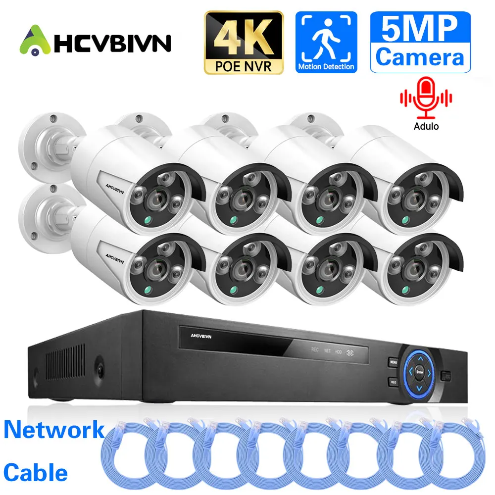 

8CH 4K Security 5MP Camera System Ultra HD 8MP POE NVR Kit Metal Street Outdoor Waterproof Audio CCTV Video Surveillance Set