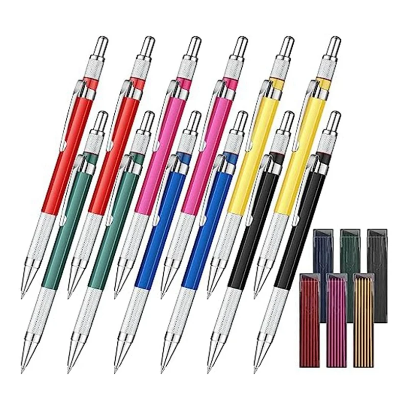 

12 Pcs Welders Pencil With 6 Boxes Round Refills Mechanical Pencils For Steel Welding Pen For Tube Pipe