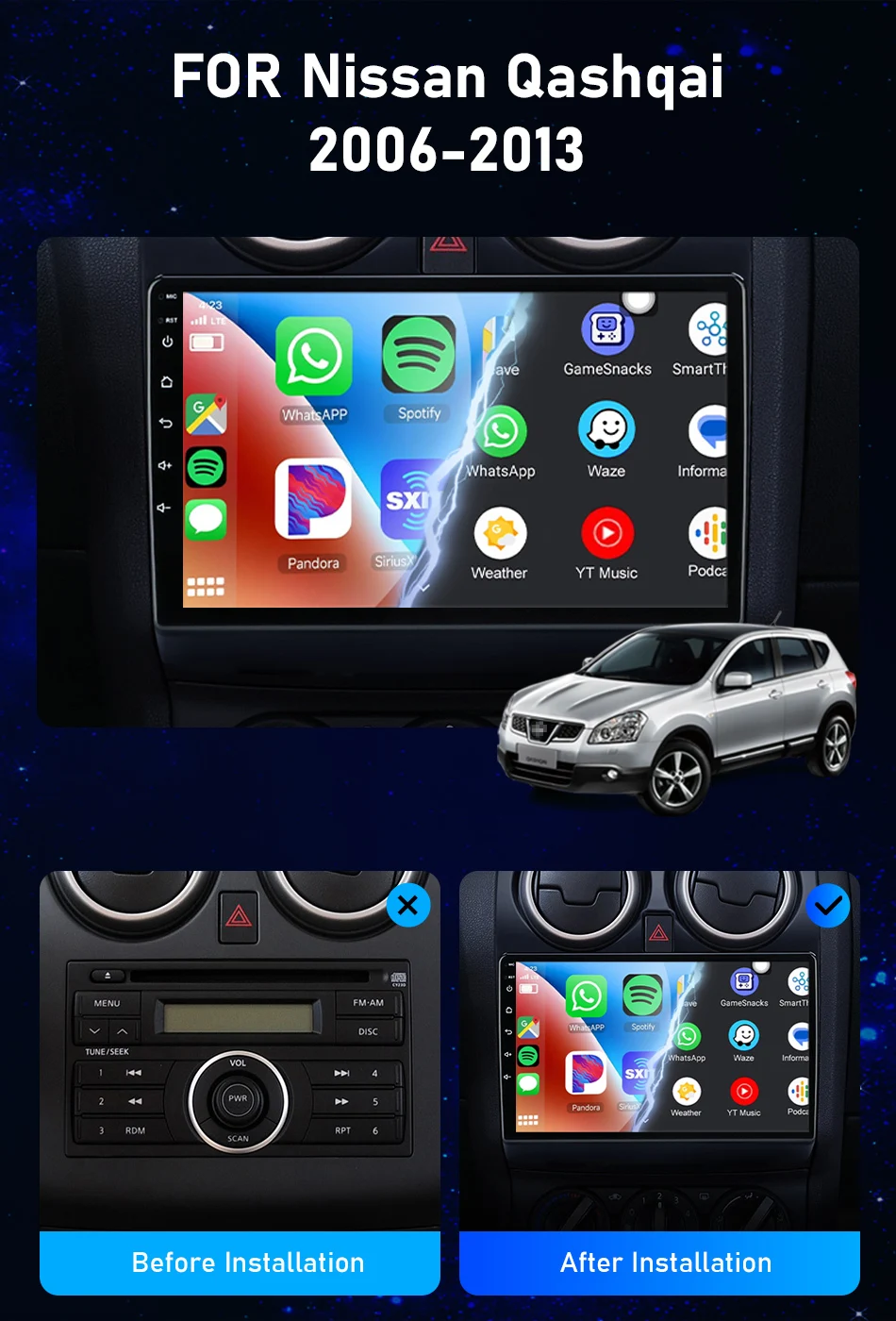 Srnubi 2Din Android 14 Für Nissan Qashqai J10 2006-2013 Autoradio Multimedia-Videoplayer Carplay Stereo-Headunit KI-Sprachsteuerung Audio – Detail 3