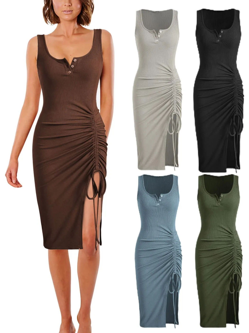 

New Elegant Sexy Split Draw String Midi Dress Long Casual Dresses For Women Sleeveless Bodycon Tank Dress Summer Autumn Vestidos
