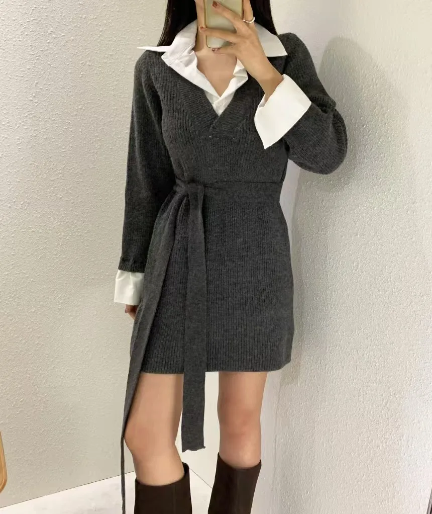 Korean Chic Mini Dresses Women Turn-down Collar Long Sleeve Shirt Patchwork Autumn Winter Knitted Dress Casual Fashion Vestidos