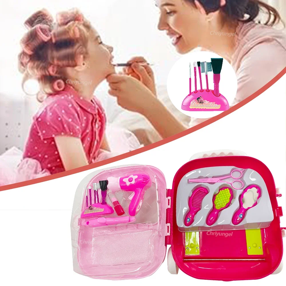 Kids Makeup Set for Girls Mini Pretend Play Set Simulation Hairdressing Hair Dryer Scissors Make Up Lipstick Toy Birthday Gifts